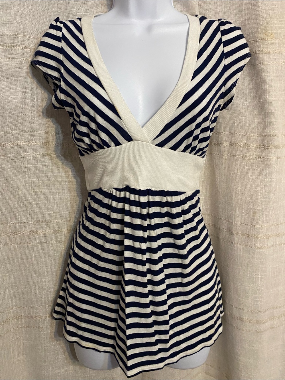 Vintage Self Esteem Striped Babydoll Tunic Top Navy White Deep V Neck Cap Sleeve